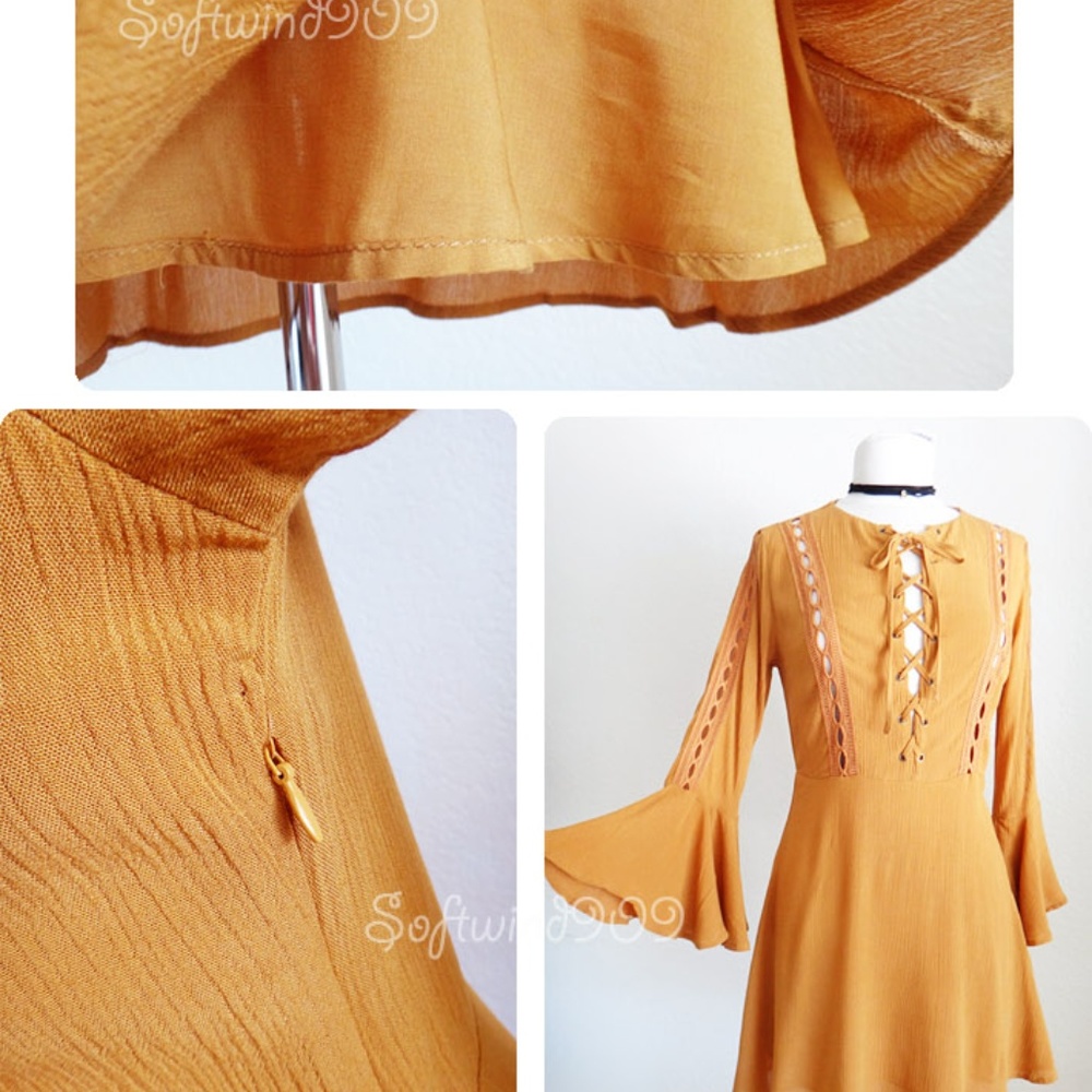 Last☝️Forever 21 Mustard Lace Up Cute Skater Dress - Picture 6 of 8